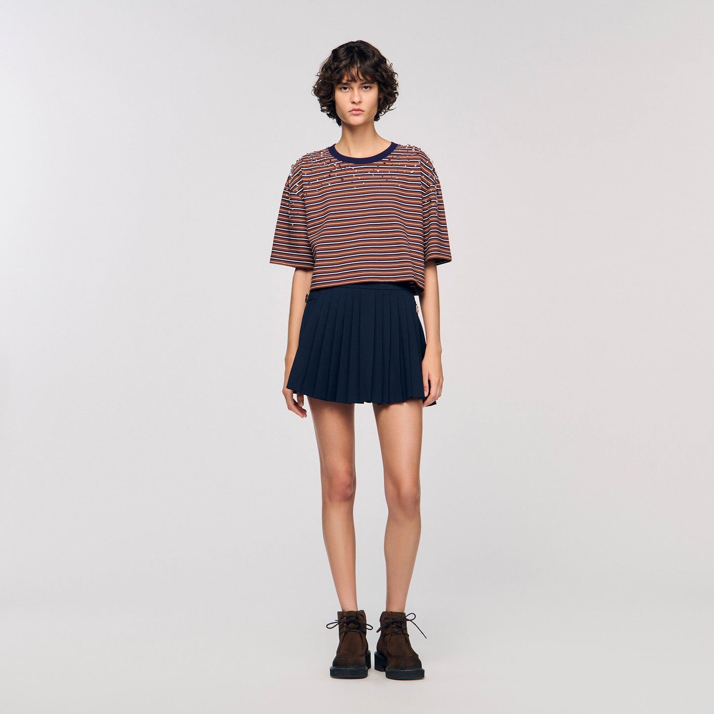 Sandro Striped rhinestone T-shirt Brown / Deep Blu