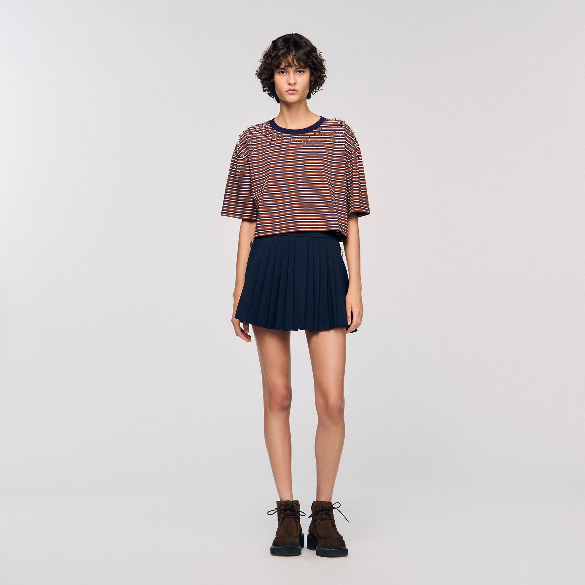 Sandro Striped rhinestone T-shirt Brown / Deep Blu