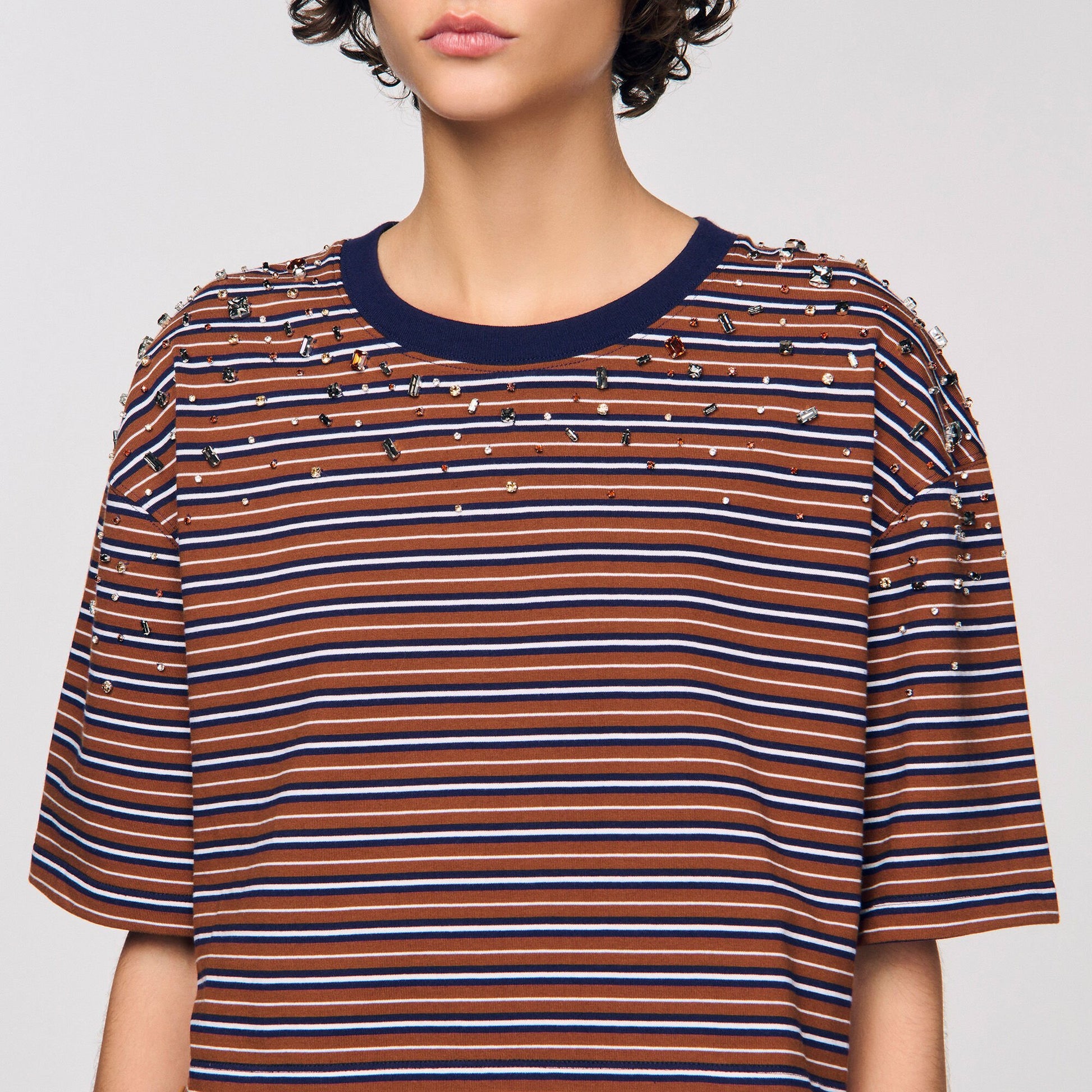 Sandro Striped rhinestone T-shirt Brown / Deep Blu