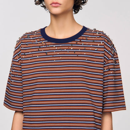 Sandro Striped rhinestone T-shirt Brown / Deep Blu