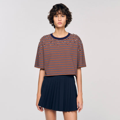 Sandro Striped rhinestone T-shirt Brown / Deep Blu