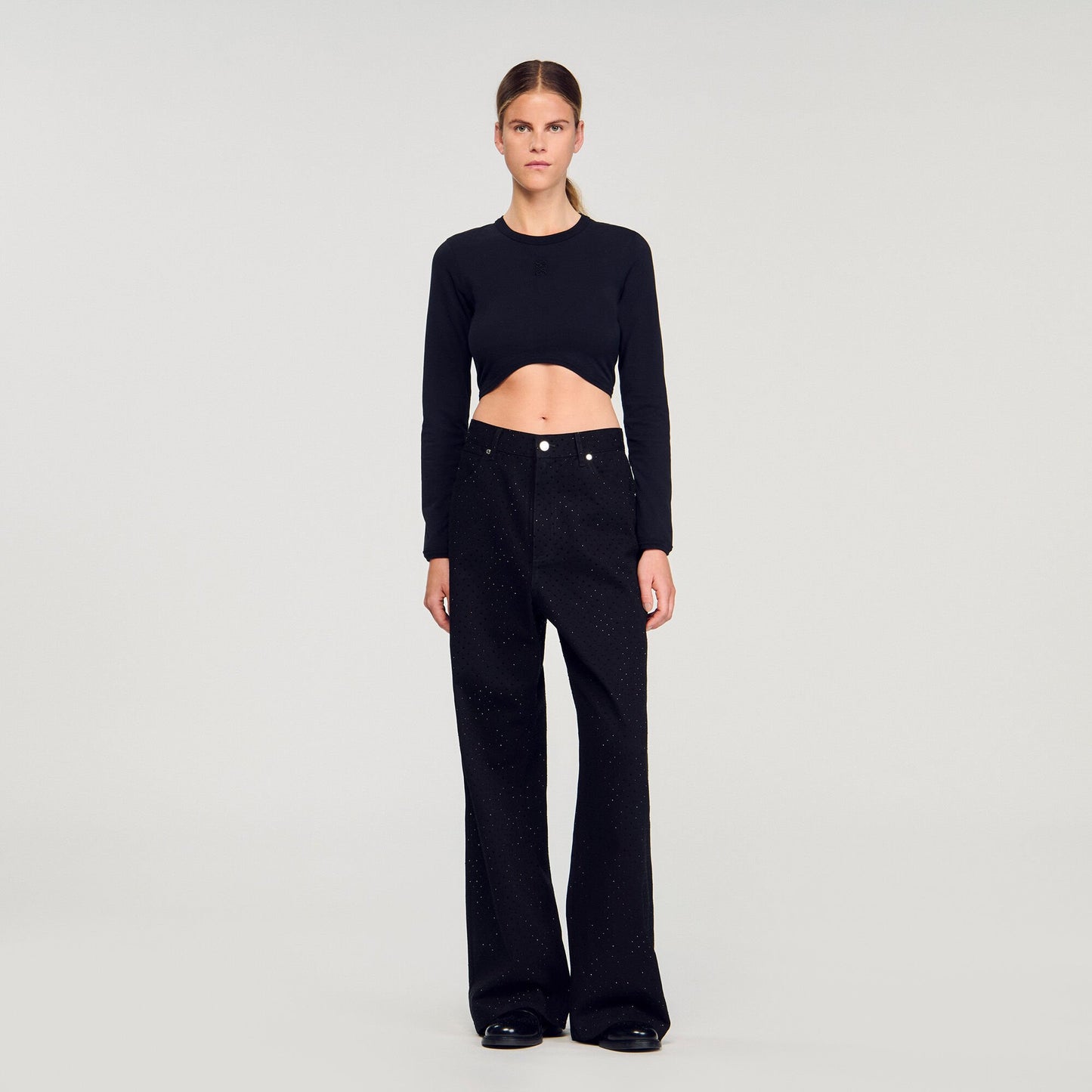 Sandro Cropped embroidered T-shirt Black