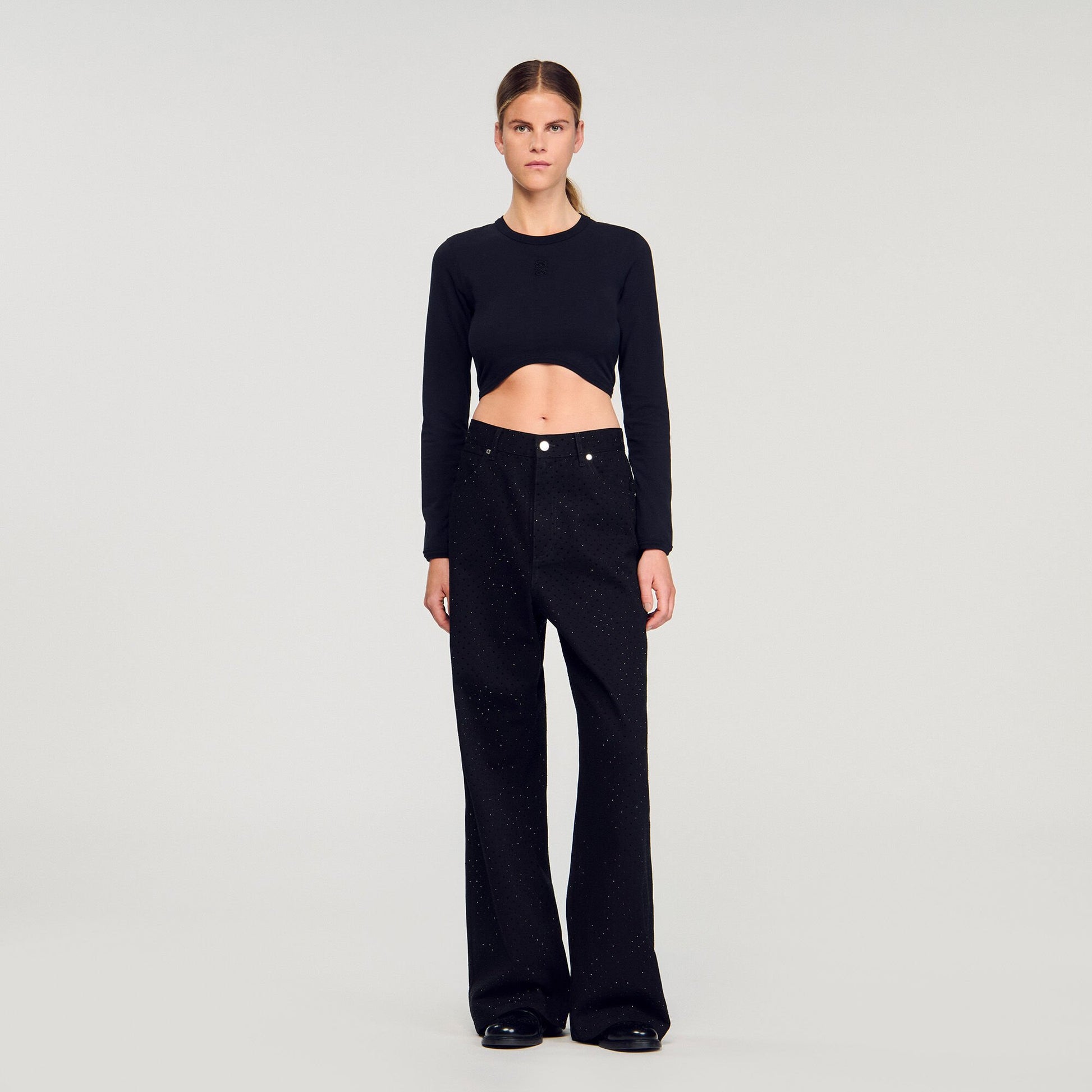 Sandro Cropped embroidered T-shirt Black