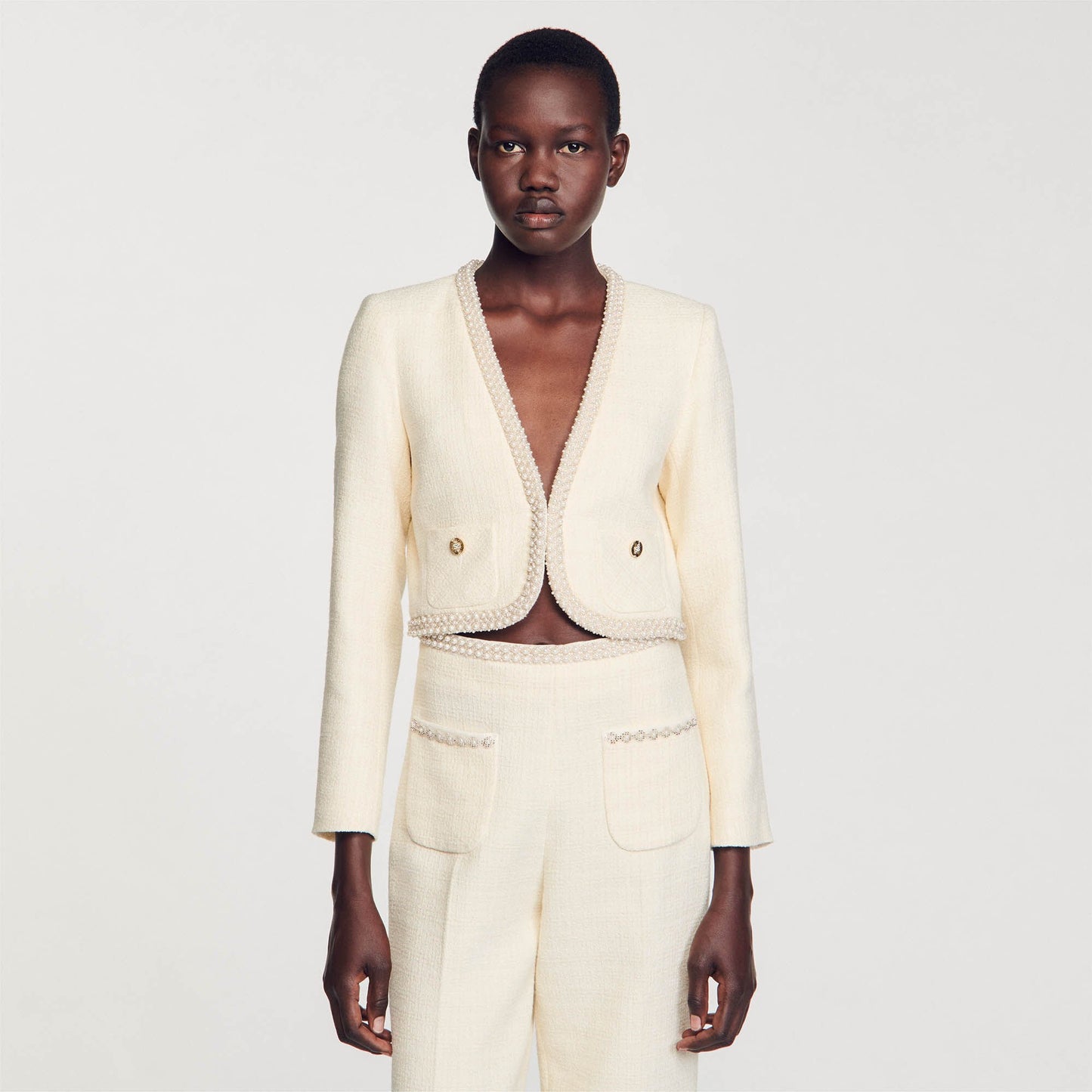 Sandro Cropped tweed jacket Ecru