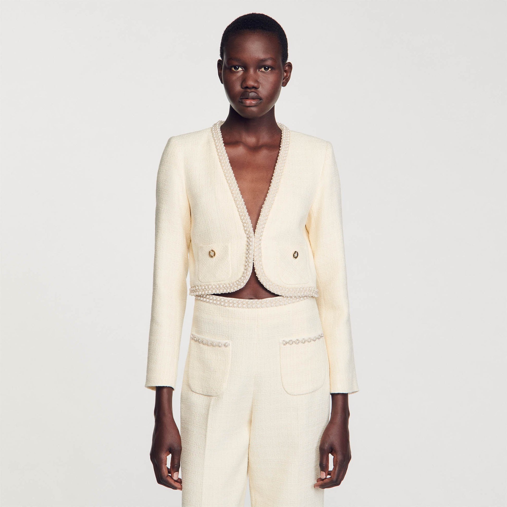 Sandro Cropped tweed jacket Ecru