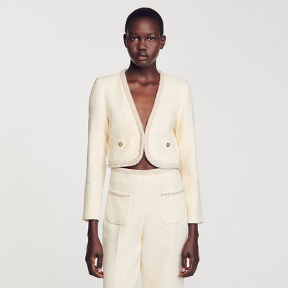 Sandro Cropped tweed jacket Ecru