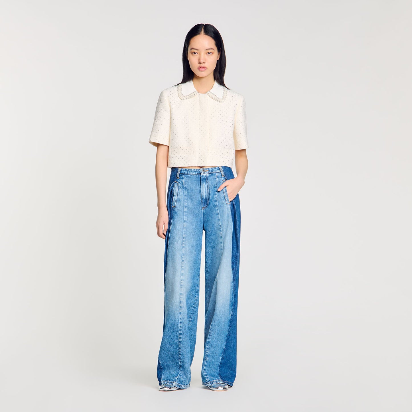 Sandro Short-sleeved rhinestone jacket Ecru