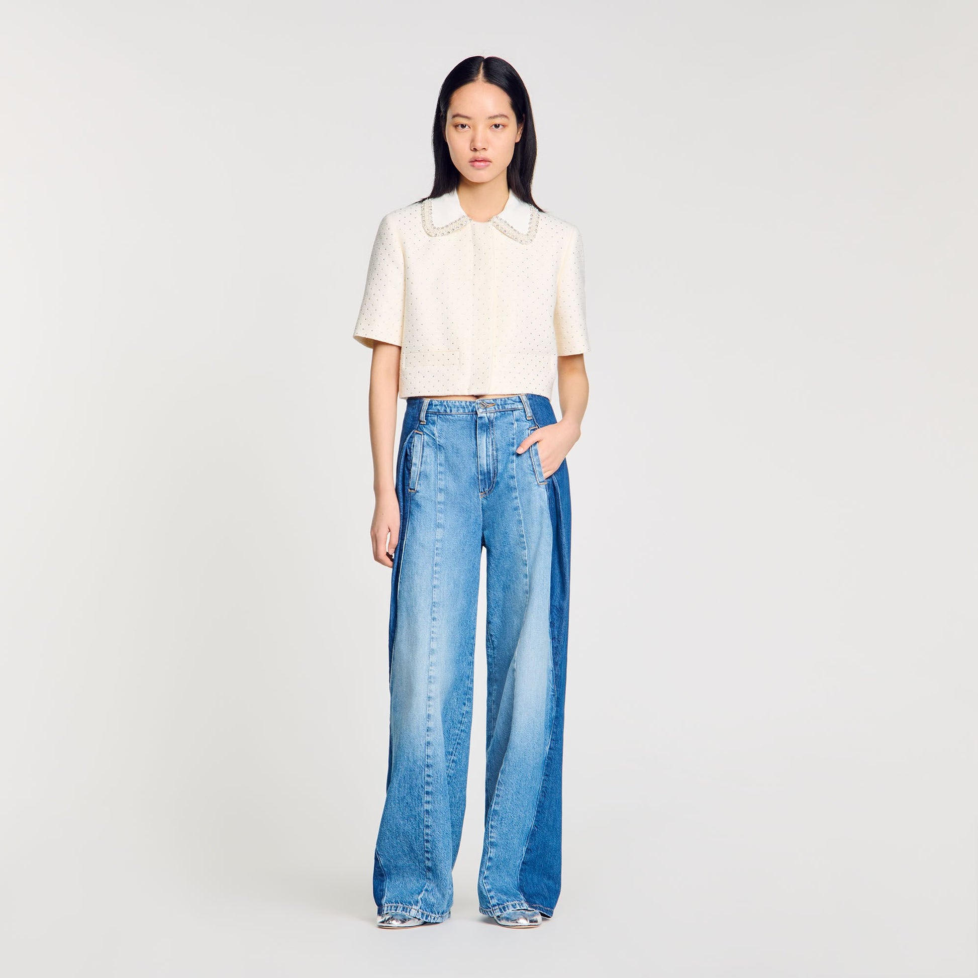 Sandro Short-sleeved rhinestone jacket Ecru