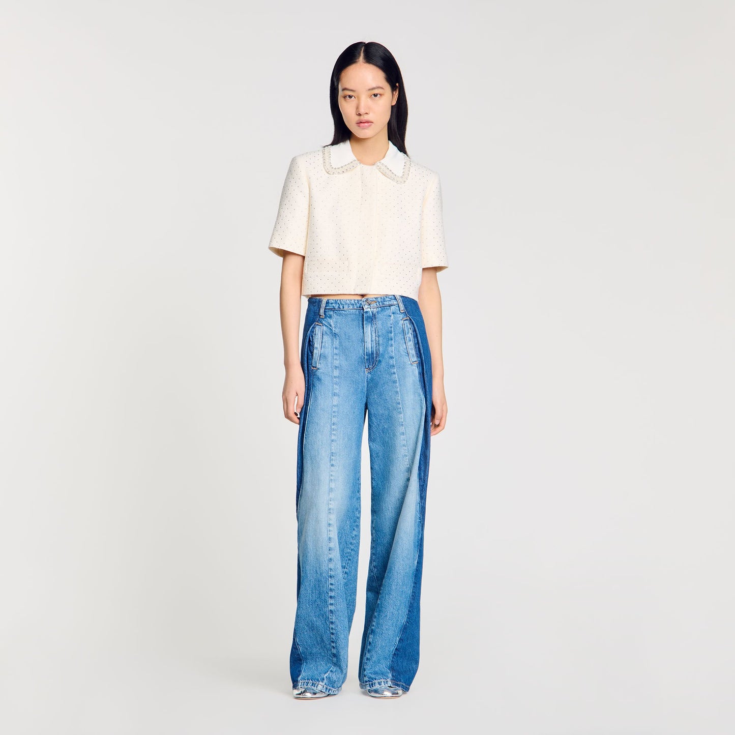 Sandro Short-sleeved rhinestone jacket Ecru