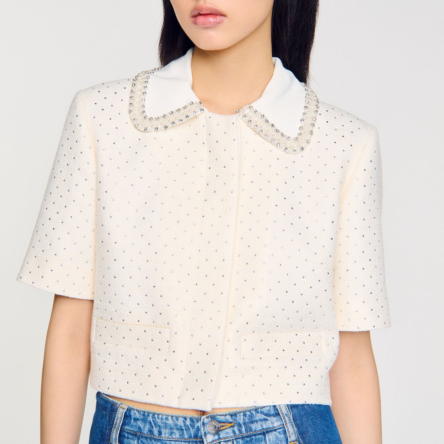 Sandro Short-sleeved rhinestone jacket Ecru