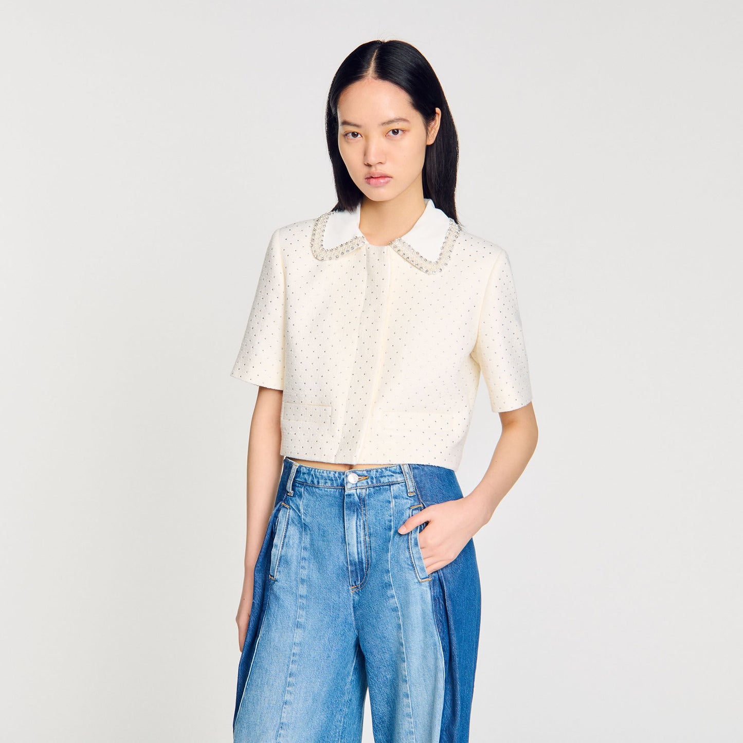 Sandro Short-sleeved rhinestone jacket Ecru