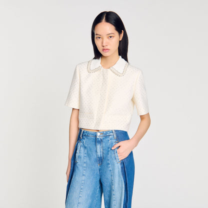 Sandro Short-sleeved rhinestone jacket Ecru