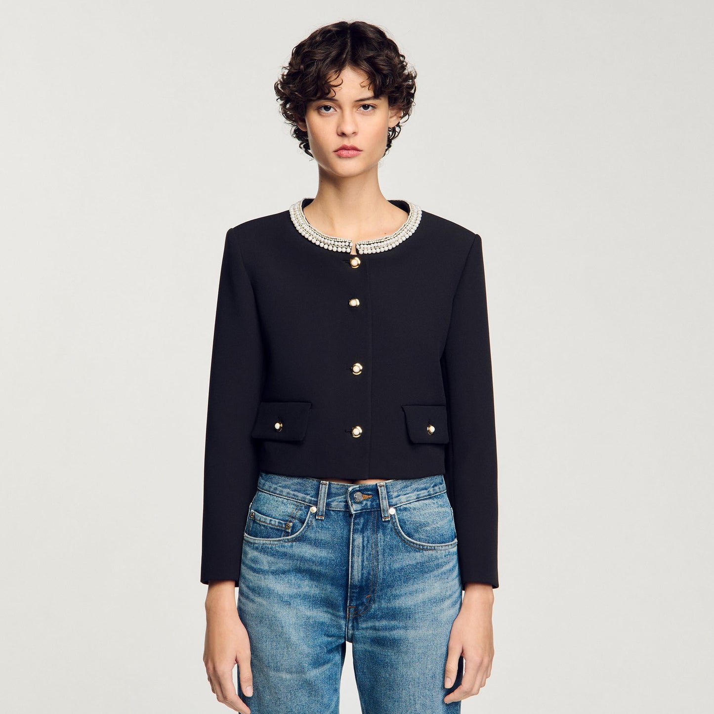 Sandro Jacket with beaded collar Black