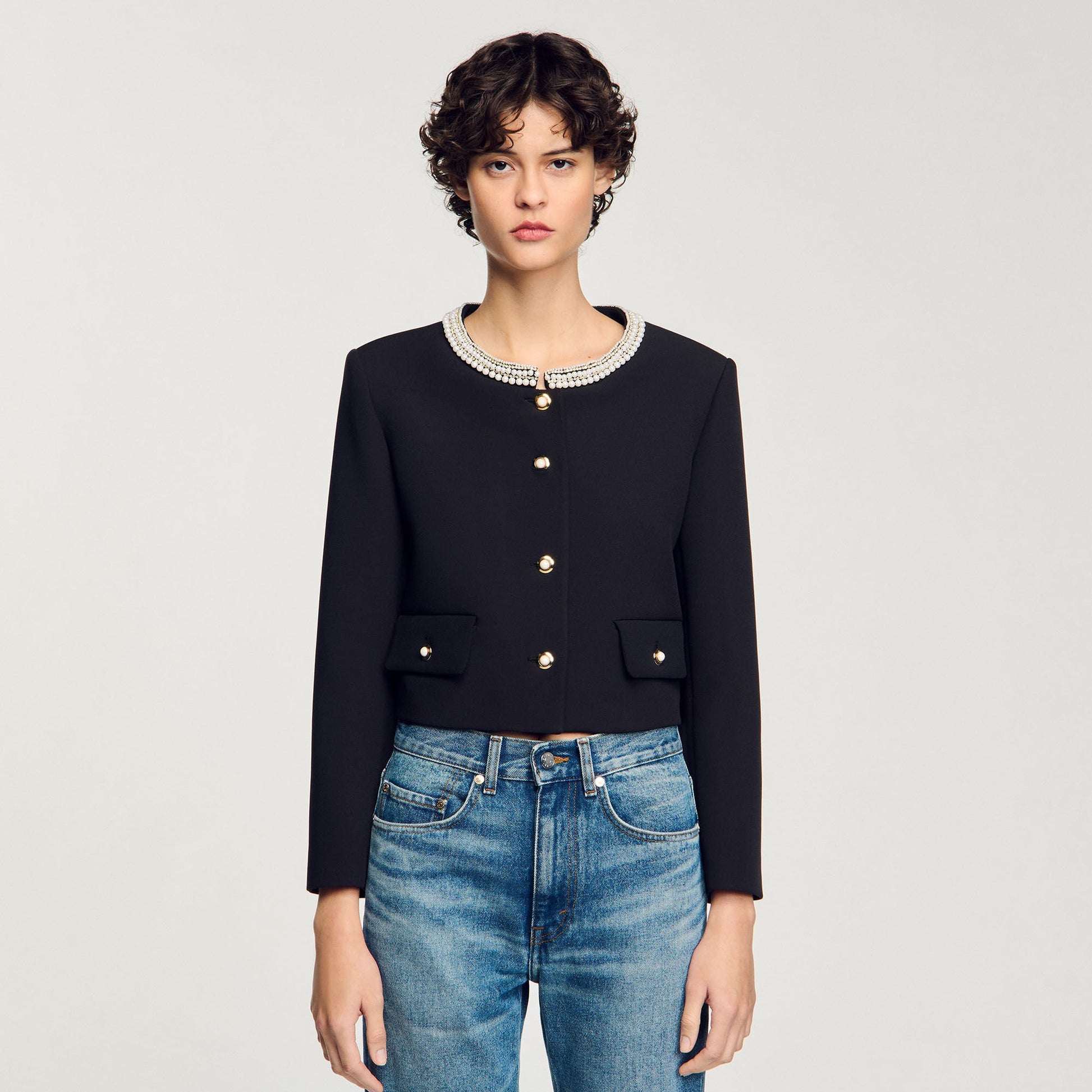 Sandro Jacket with beaded collar Black