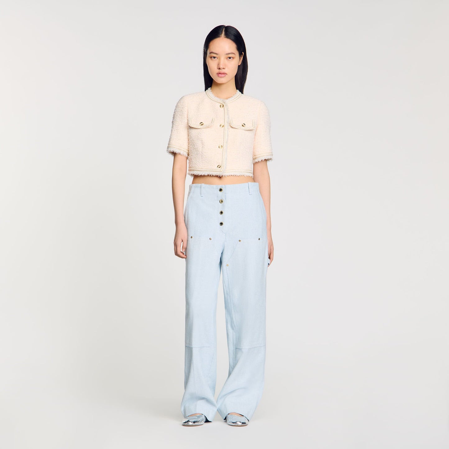 Sandro Short-sleeved tweed jacket Ecru / Pink