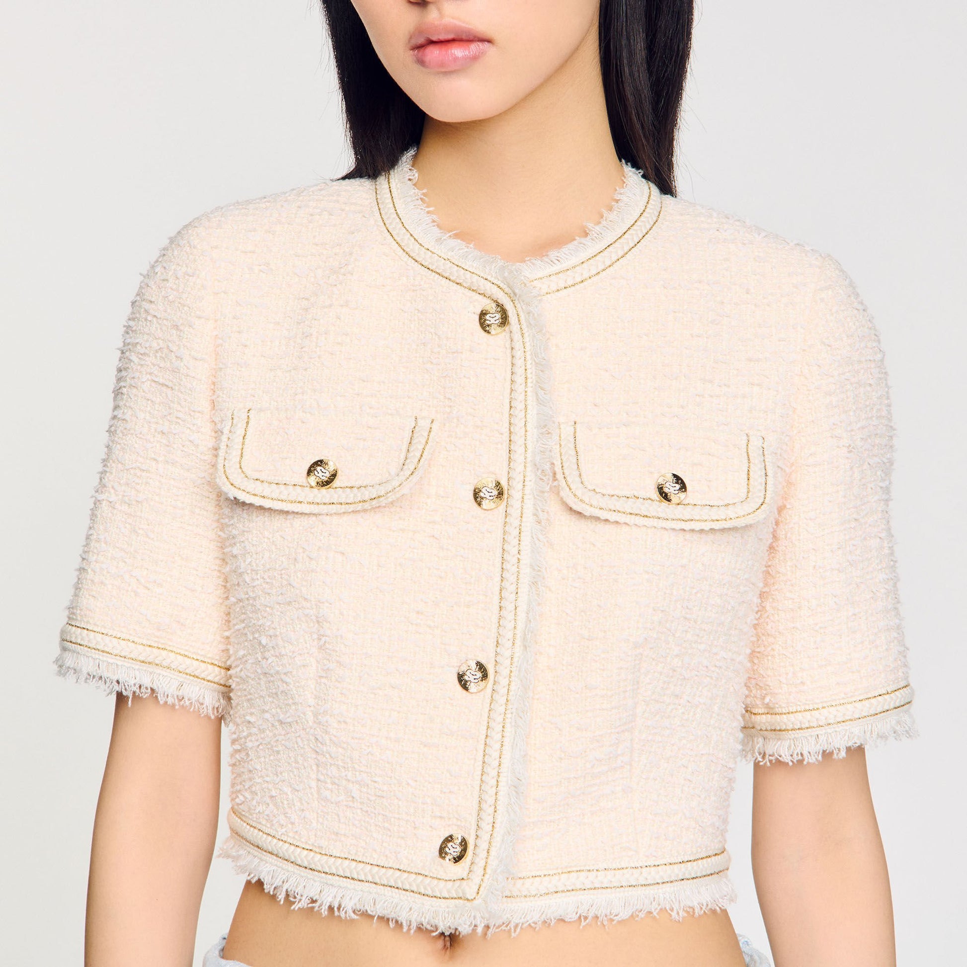 Sandro Short-sleeved tweed jacket Ecru / Pink