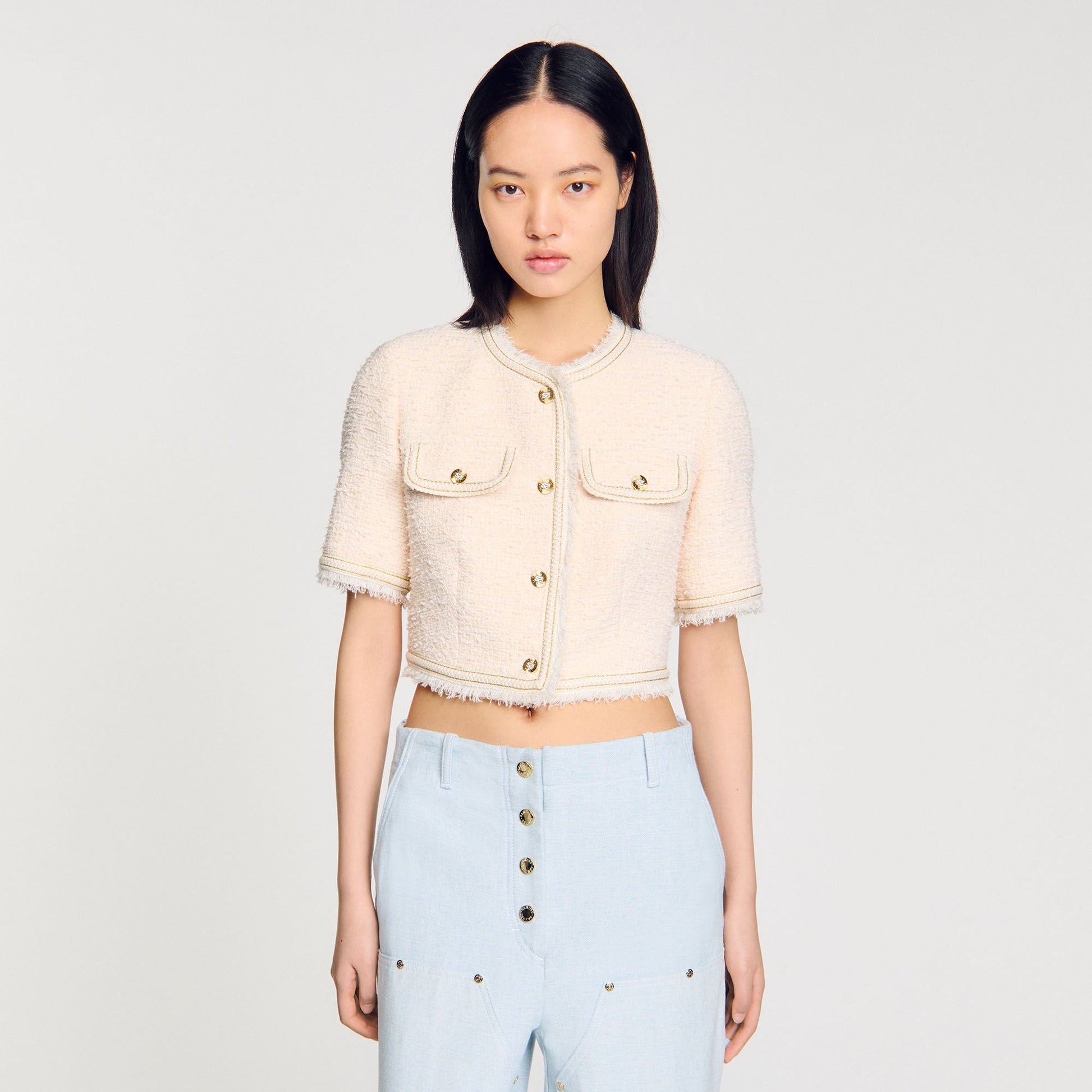 Sandro Short-sleeved tweed jacket Ecru / Pink