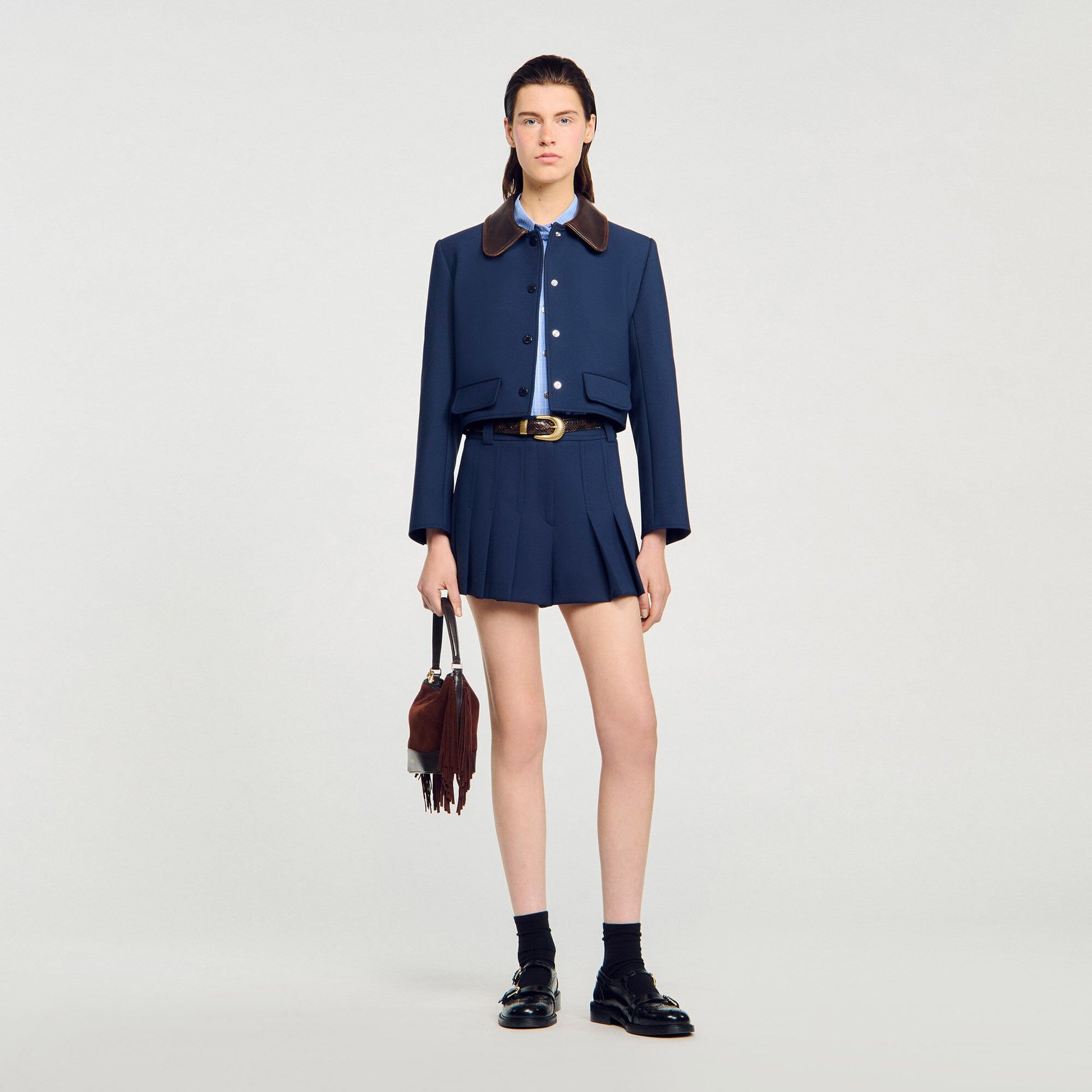 Sandro Cropped jacket with leather collar Navy Blue