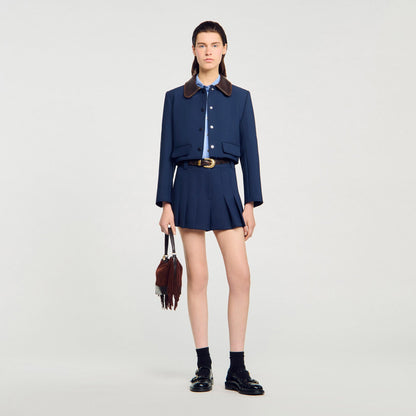 Sandro Cropped jacket with leather collar Navy Blue