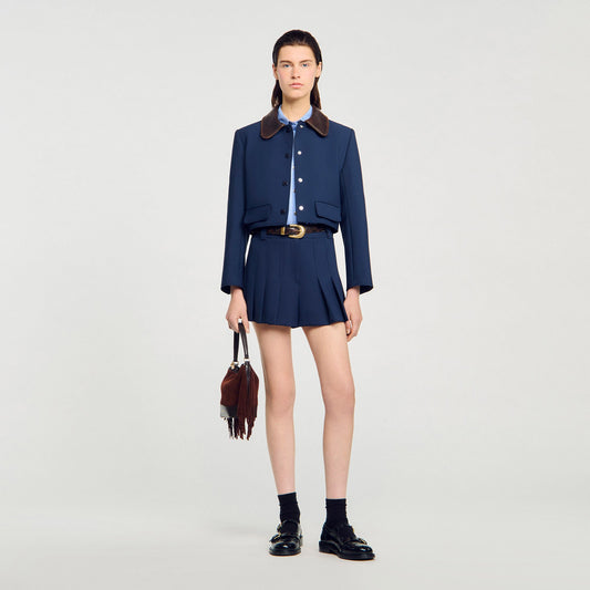 Sandro Cropped jacket with leather collar Navy Blue