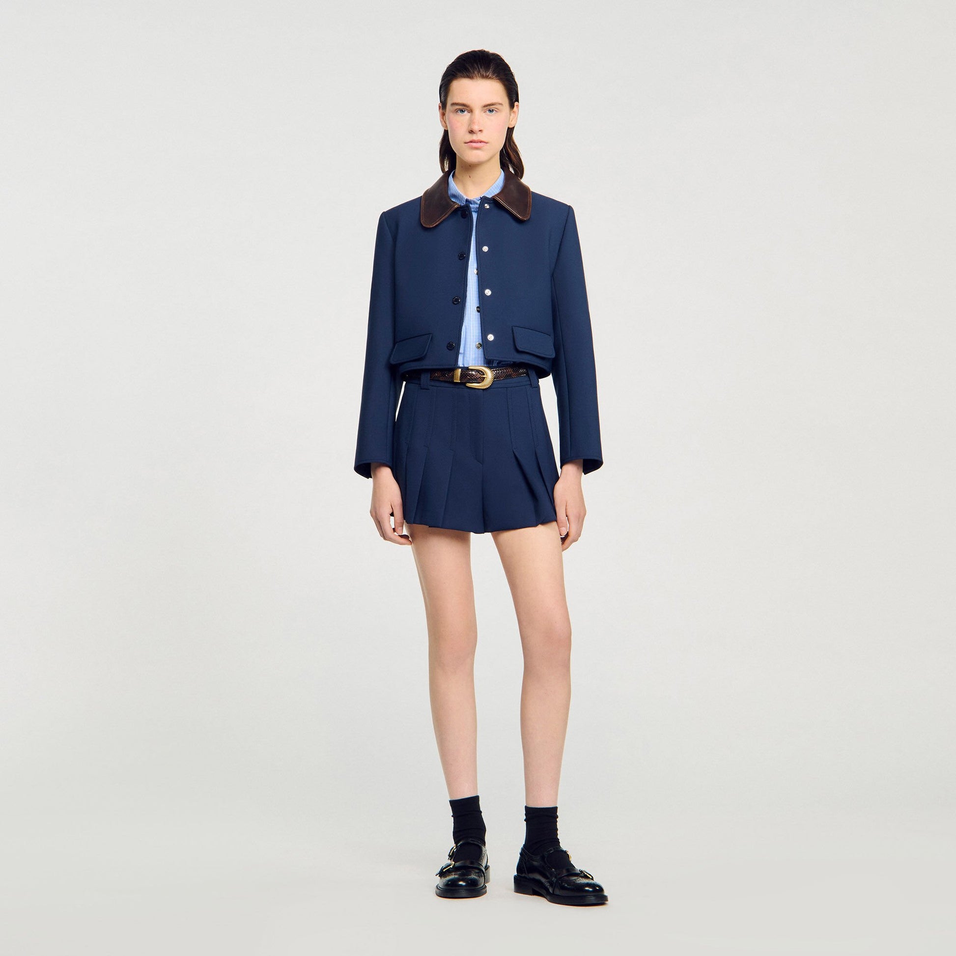 Sandro Cropped jacket with leather collar Navy Blue