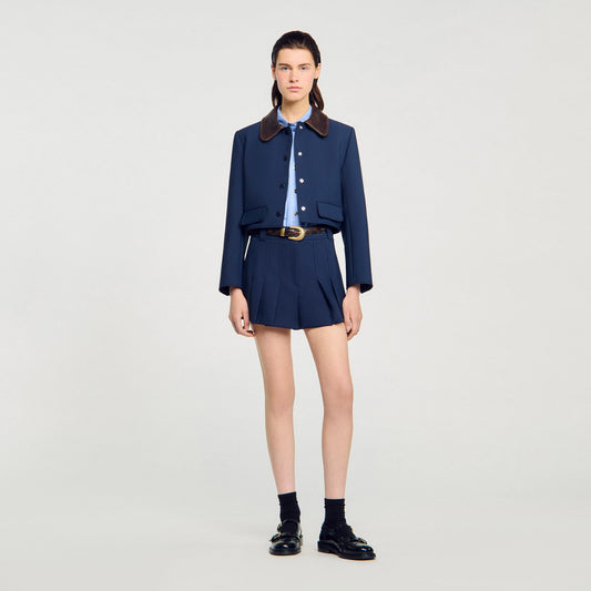 Sandro Cropped jacket with leather collar Navy Blue