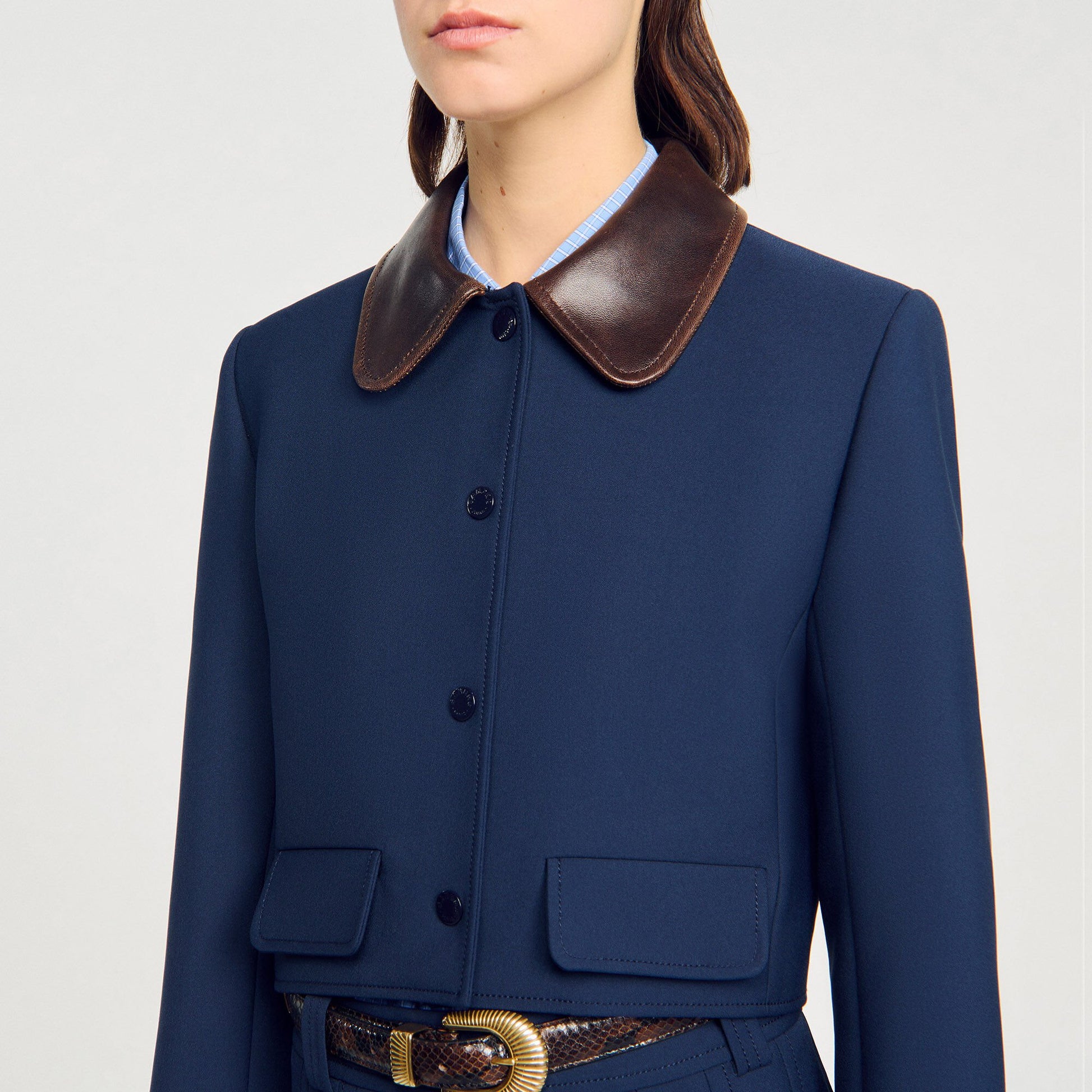 Sandro Cropped jacket with leather collar Navy Blue