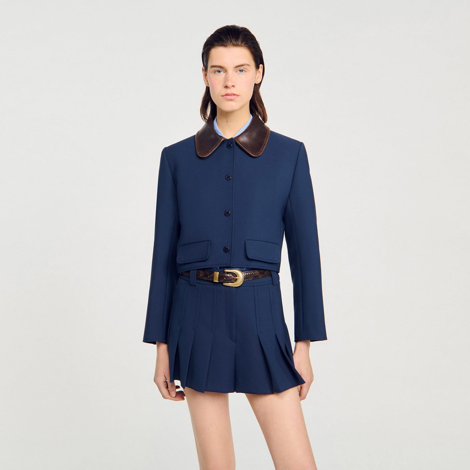 Sandro Cropped jacket with leather collar Navy Blue