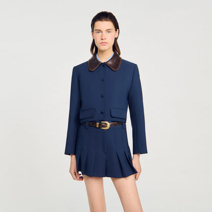 Sandro Cropped jacket with leather collar Navy Blue
