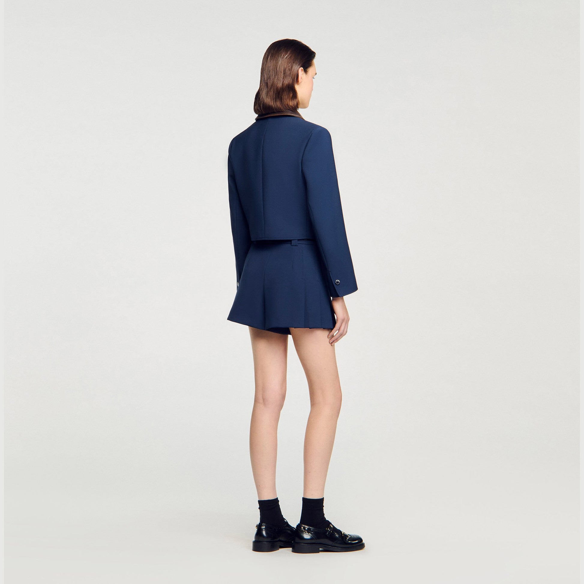 Sandro Cropped jacket with leather collar Navy Blue