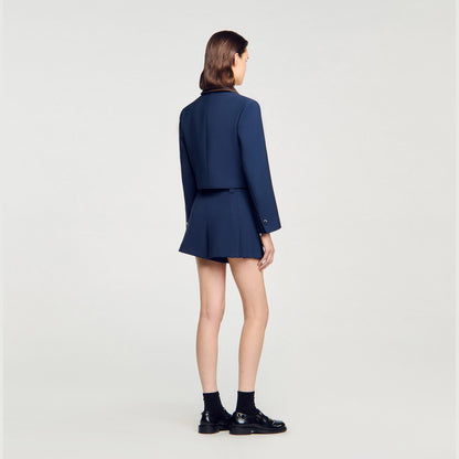 Sandro Cropped jacket with leather collar Navy Blue