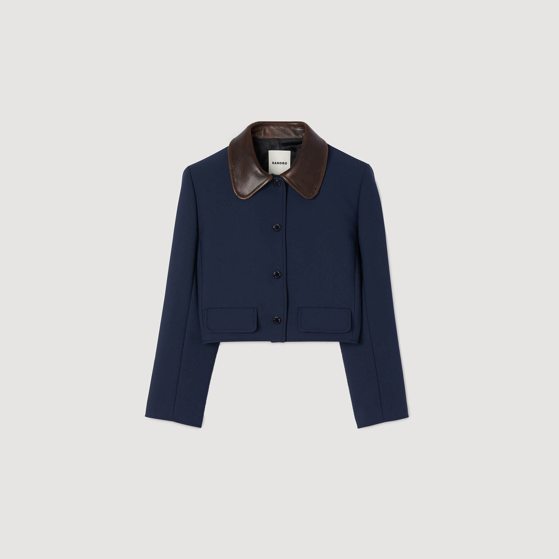 Sandro Cropped jacket with leather collar Navy Blue