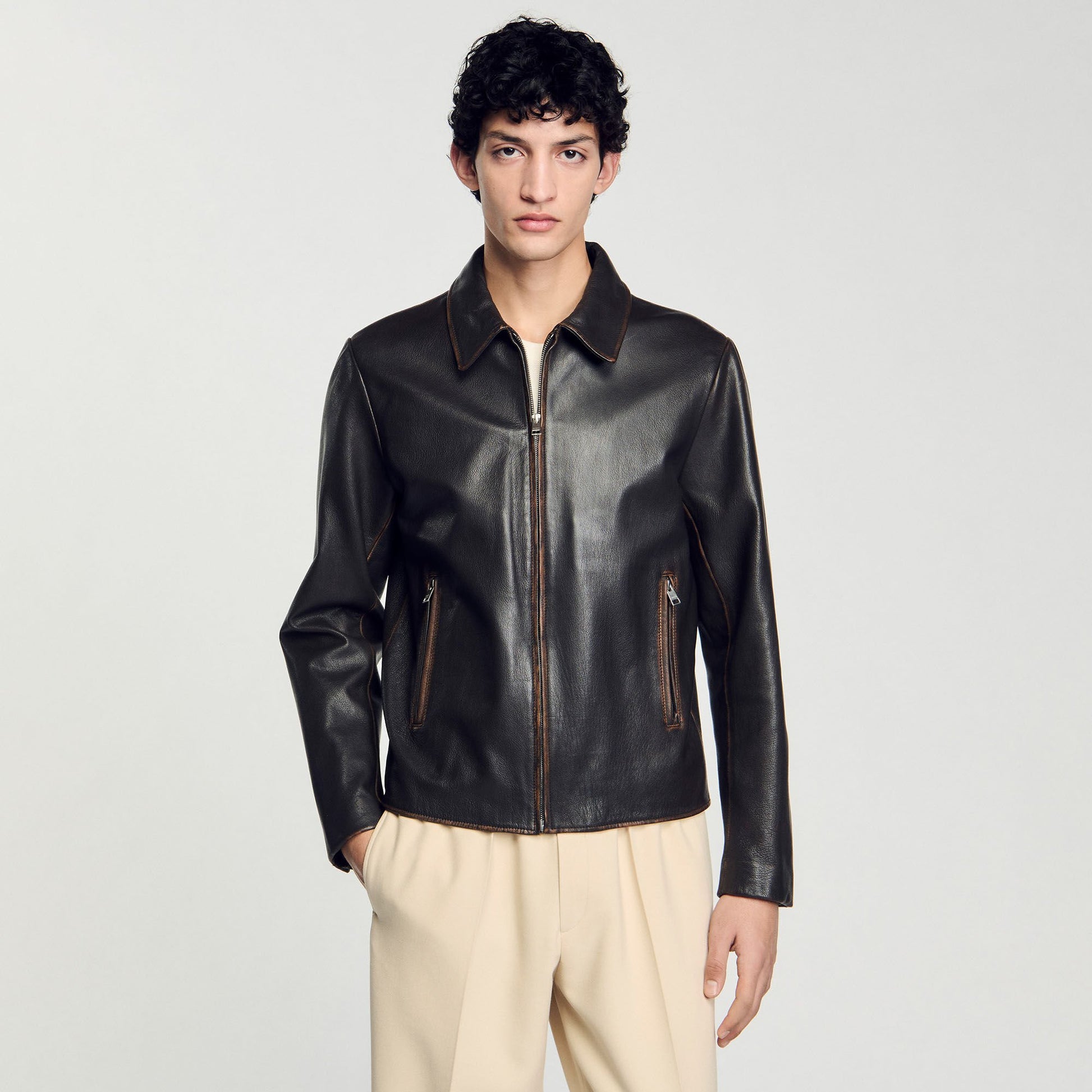 Sandro Distressed-look leather jacket Moka.
