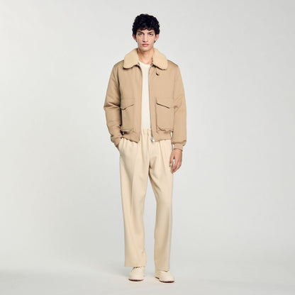 Sandro Shearling collar aviator jacket Sand