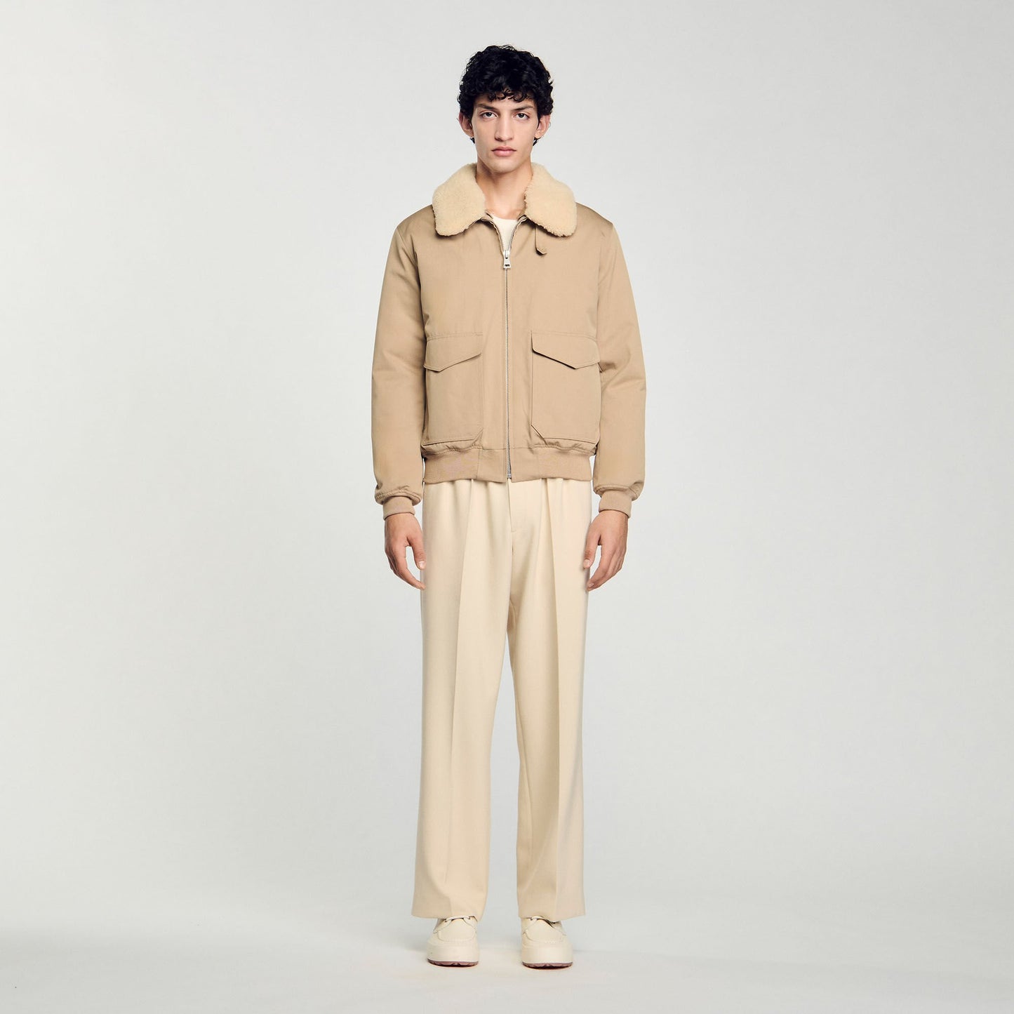 Sandro Shearling collar aviator jacket Sand