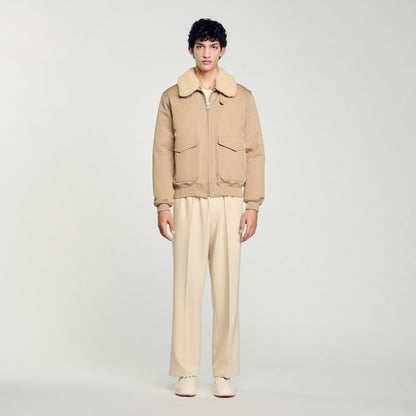 Sandro Shearling collar aviator jacket Sand