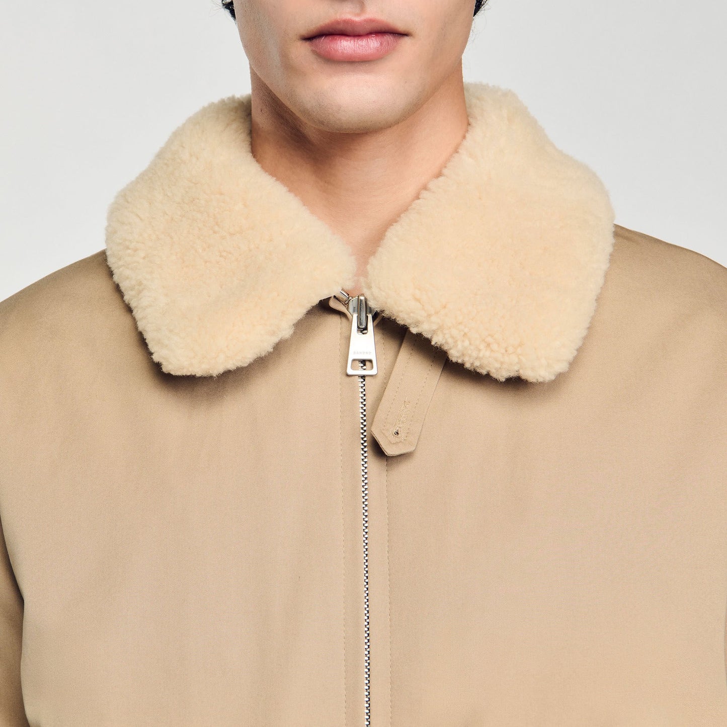 Sandro Shearling collar aviator jacket Sand