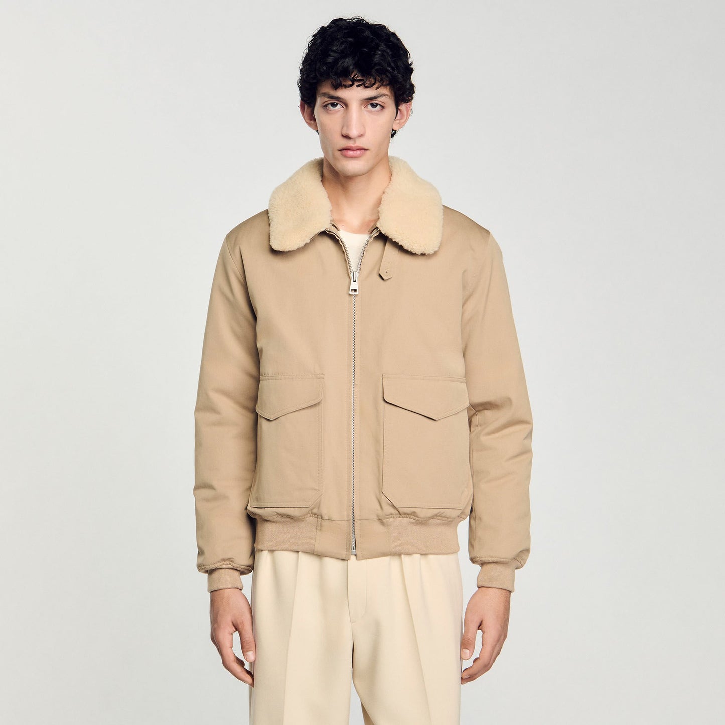 Sandro Shearling collar aviator jacket Sand