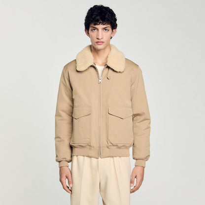 Sandro Shearling collar aviator jacket Sand