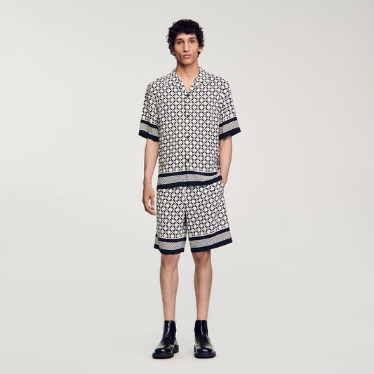 Sandro Square Cross short-sleeved shirt Ecru / Navy