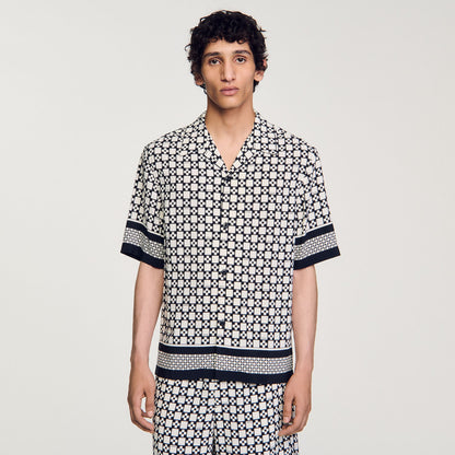 Sandro Square Cross short-sleeved shirt Ecru / Navy