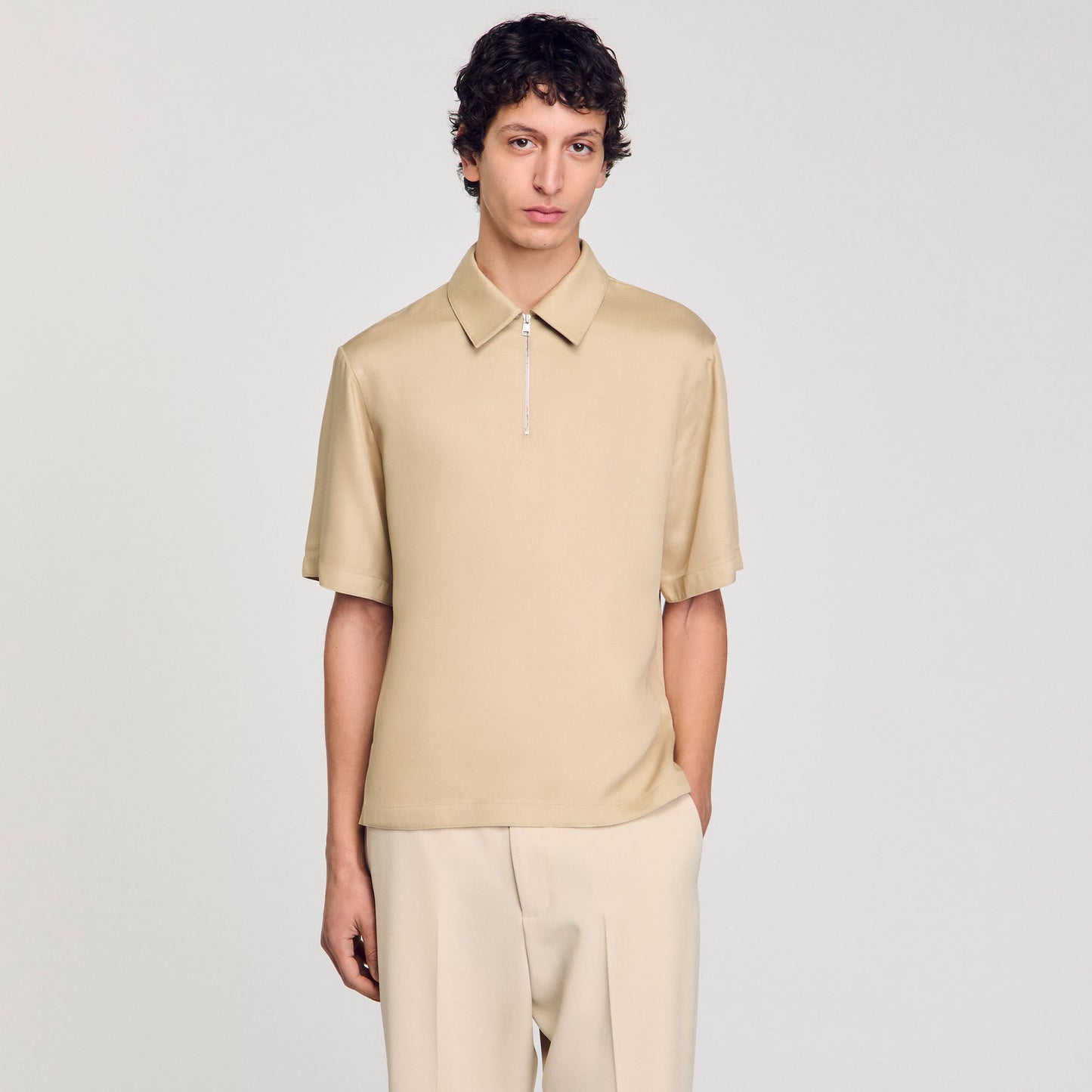 Sandro Zip-neck polo shirt Sand.
