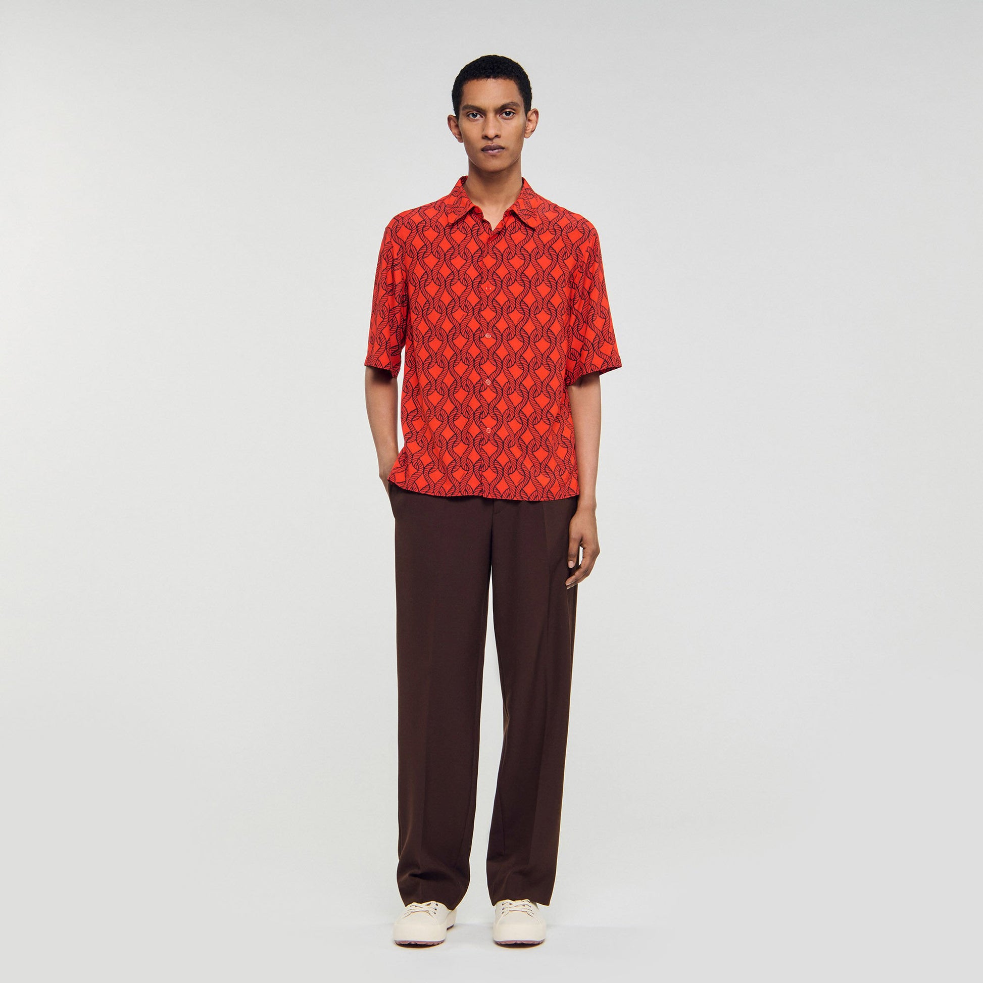 Sandro Loose-fit rope print shirt Blood Orange