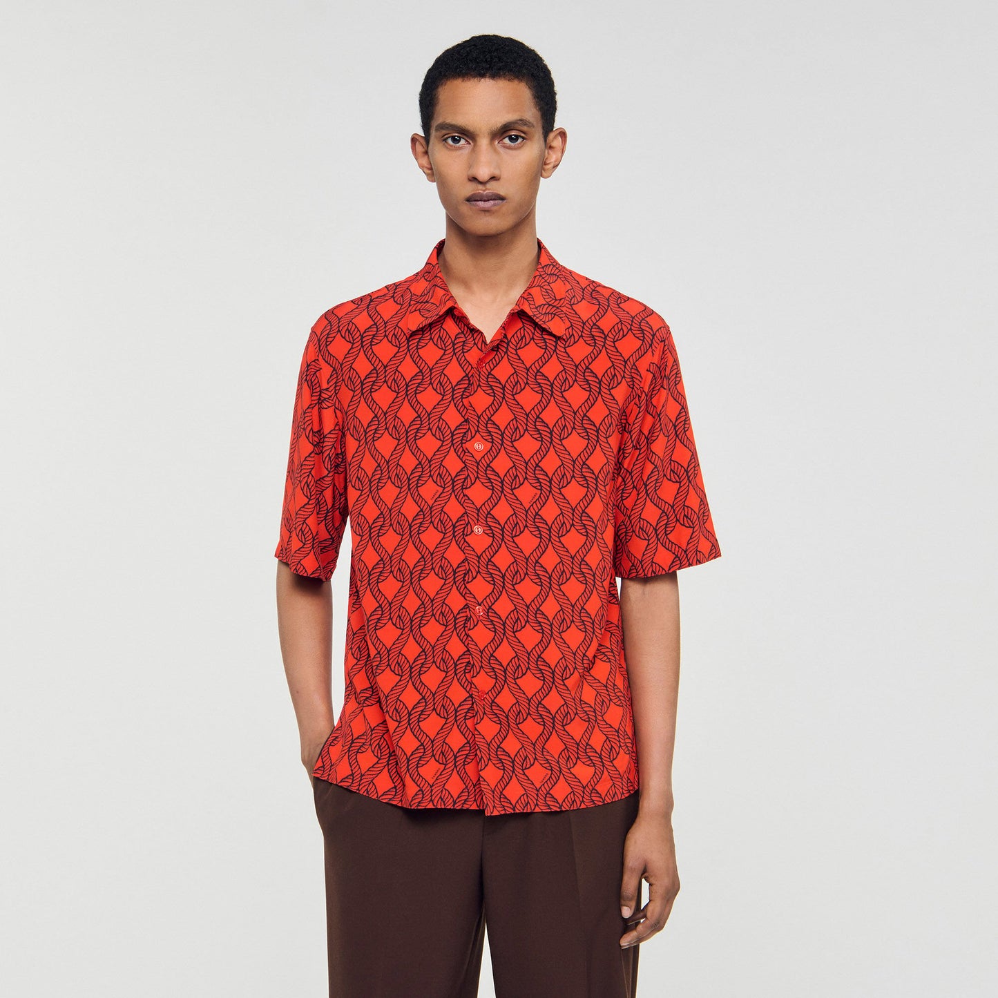 Sandro Loose-fit rope print shirt Blood Orange