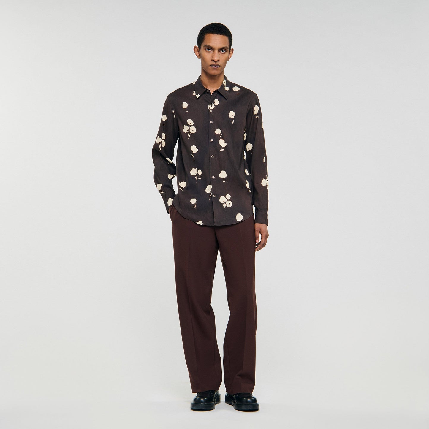 Sandro Floral print linen shirt Chocolate