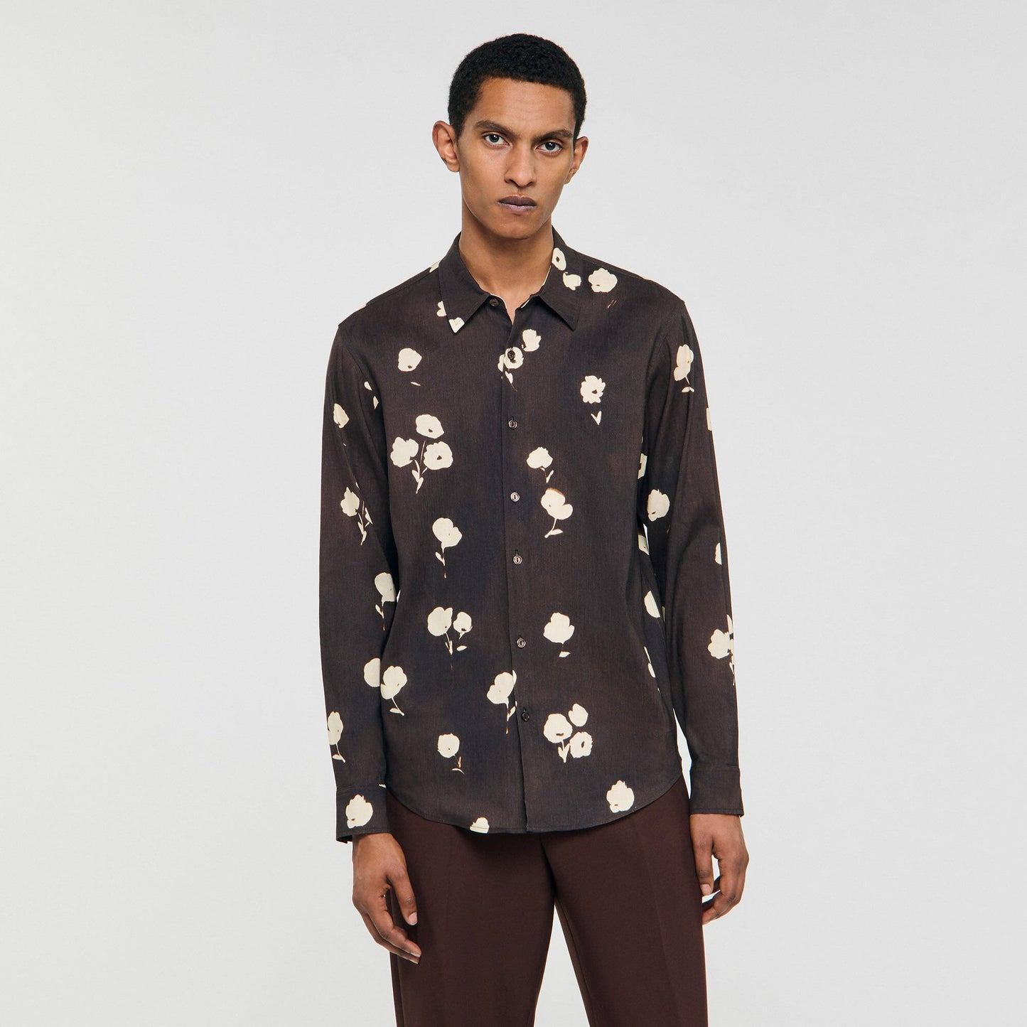 Sandro Floral print linen shirt Chocolate