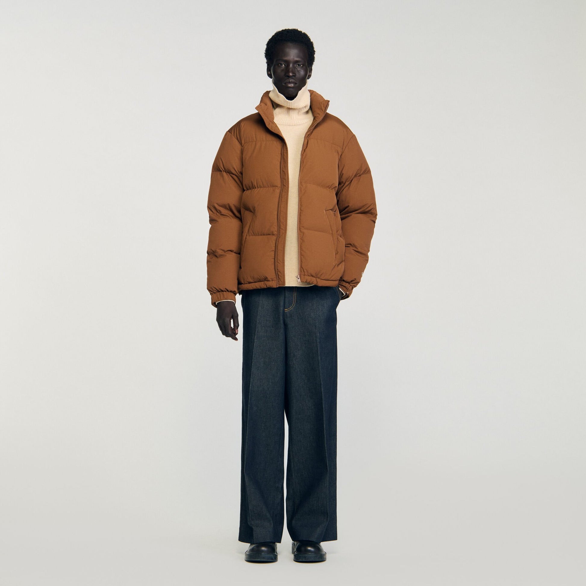 Sandro Hooded puffer with high collar Cognac