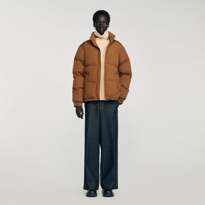 Sandro Hooded puffer with high collar Cognac