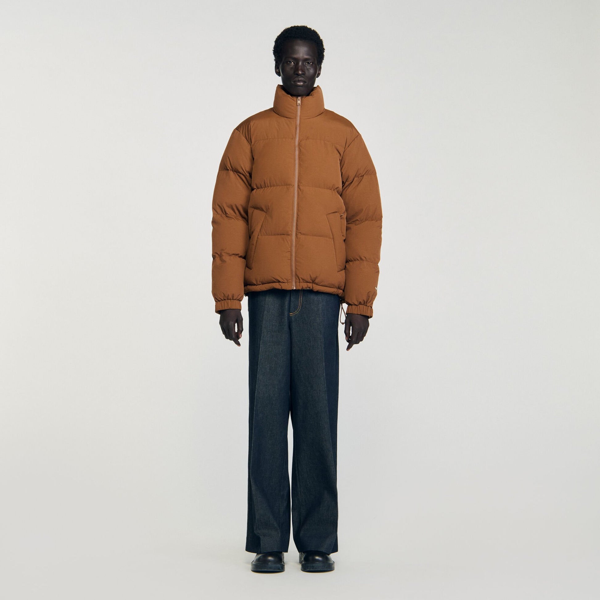 Sandro Hooded puffer with high collar Cognac