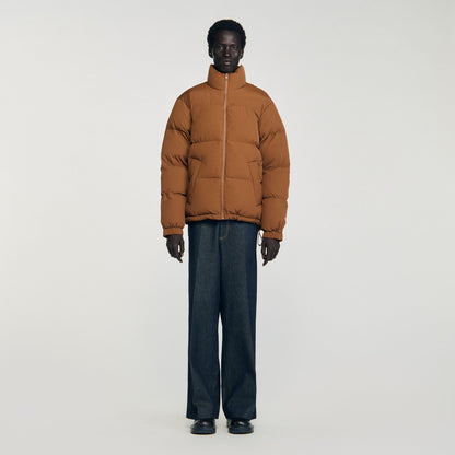 Sandro Hooded puffer with high collar Cognac